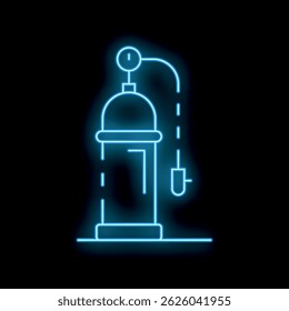 Blue neon icon of a well water pump glowing on a black background