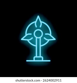 Blue neon icon of a wind turbine generating clean energy glowing on a black background