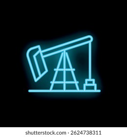 Blue neon icon of a working oil pump jack on a black background