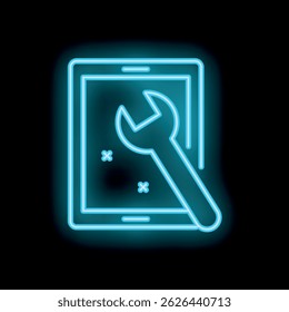 Blue neon icon of a wrench repairing a mobile phone on a black background