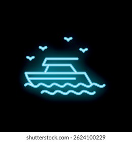 Blue neon icon of a yacht sailing on stylized waves with birds flying above on a black background