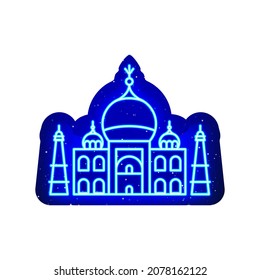 Blue neon india agra temple icon. Midnight blue. Neon agra and old building structure design. Realistic neon icon. There is mask area on White Background.