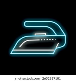 Ícone azul de ferro neon brilhando no escuro, simbolizando lavanderia, passar roupa, tarefas domésticas e cuidados com roupas