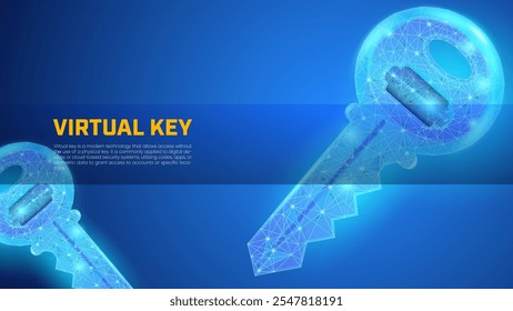 Llave de neón azul en fondo azul oscuro, ilustración de la llave digital de marco de alambre brillante para la Plantilla de presentación, cartel, seguridad, secreto, Contraseña, seguridad cibernética, accesibilidad, protección de datos.