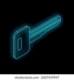 Blue neon key is glowing on a black background