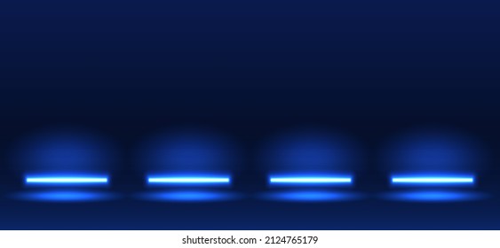 Blue neon lamps vector, backlight bottom wall with fluorescent lamps, neon light vector, radiance, dark background with place for text in neon lighting 