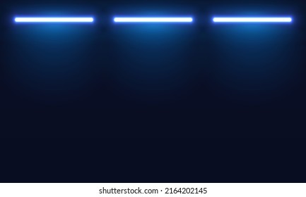 Vector de lámparas de neón azul, pared de fondo con lámparas fluorescentes, vector de luz de neón, radiancia, fondo oscuro con lugar para texto en iluminación de neón