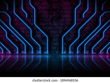 Blue neon laser circuit board lines with reflection on grunge brick wall. Abstract technology retro background. Futuristic glowing vector design