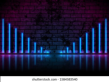 Blue neon laser lines with reflection on grunge brick wall. Abstract rays technology retro background. Futuristic glowing vector design
