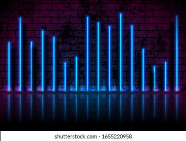 Blue neon laser lines with reflection on grunge brick wall. Abstract rays technology retro background. Futuristic glowing vector design