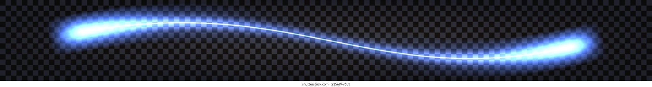 Blue Neon Laser Wave Swirl, Glowing Light Effect. Electric Wavy Trail, Thunder Bolt, Shiny Futuristic Cyber Border. Laser Beam Flashlight. Isolated Element On Dark Background. Vector Illustration