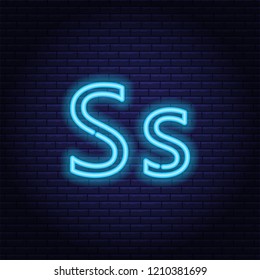 Blue neon letters, font on dark blue background. Vector illustration of eps 10.