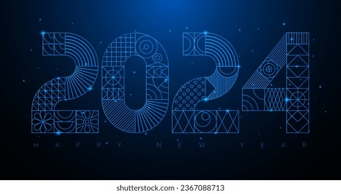 Blue neon light 2024 modern geometric New Year card. Grid based design. Memphis style typeface. Minimalistic square shape decor. Bauhaus calendar header. Contemporary trendy flat vector illustration.