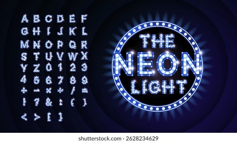 Fonte de Alfabeto 3D Luz de Néon Azul - Letras de Letreiro Brilhante, Números e símbolo com Lâmpadas LED - Ilustração de Vetor com Controle de Cor de Amostra