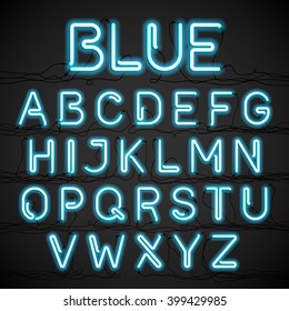 Blue Neon Light Alphabet With Cable. Vector.