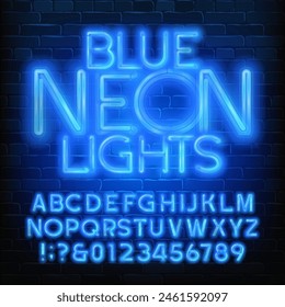 Blue Neon Light alphabet font. Neon color letters and numbers. Stock vector typeface for your design.