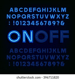 Blue Neon Light Alphabet Font. Two different styles. Lights on or off. Type letters, numbers and symbols. Vector typography for animation, labels, titles, posters etc.