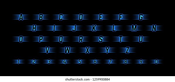 Blue Neon Light Alphabet with Numbers. Vector Font with Stripes. Glow Typeset. Shiny Symbols for Logos, Icons, Competition Banners and Posters.