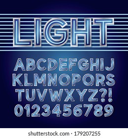 Blue Neon Light Alphabet and Numbers, Eps 10 Vector Editable