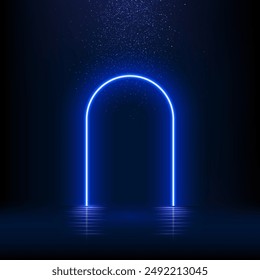 Blue neon light arch. Glow door in futuristic style with falling glitter effect. Abstract fairy arc with reflection in water under rain of luxury confetti vector illustration.