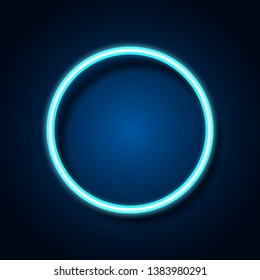 Blue neon light circle frame on background. Vector illustration