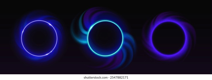 Círculos de luz de neón azul aislados sobre fondo negro. Vector ilustración realista de marcos redondos que brillan en la oscuridad con partículas brillantes, portal espacial futurista, decoración de discoteca