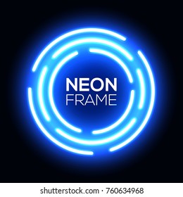 Blue neon light circles. Shining round techno frame. Night club electric bright 3d circuit banner design on dark blue backdrop. Neon abstract circle background with glow Technology vector illustration