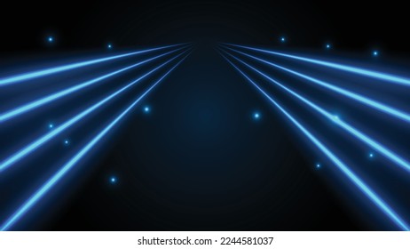 Blue neon light Effect. Blue track or path formed by cool lines. Dynamic blue slow shutter speed effect. Highway graphic illustration. Vector.