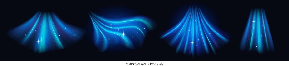 Blue neon light effects, abstract concept of flowing energy or fresh flow from air conditioner. Sparkling light effect with blue rays. Cold wind, frost Imitation. Set of isolated vector illustrations