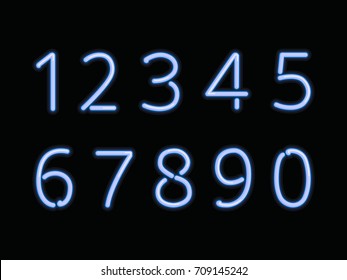 Blue neon light font. Numbers: 0,1, 2, 3, 4, 5, 6, 7, 8 and 9