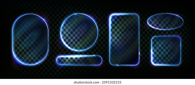 Blue neon light frames set isolated on transparent background. Vector realistic illustration of round, oval, rectangular and square shape borders, web or mobile app user interface design elements
