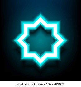 Blue Neon light geometric of Islamic, Arabesque ornament brings icon on blue background. Star of mandala Vector illustration.