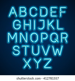 Blue Neon Light Glowing Alphabet. Vector.