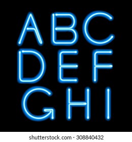 Blue neon light glowing letters set. Abc alphabet text symbols vector illustration.