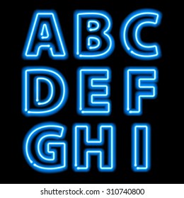 Blue Neon Light Glowing Letters Set. Abc Alphabet Text Symbols Vector Illustration.