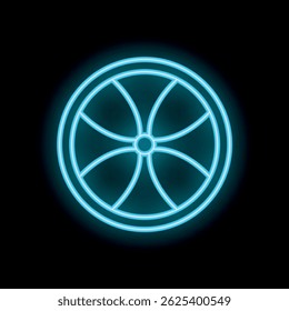 Blue neon light is glowing in the shape of a cross wheel symbol on a black background