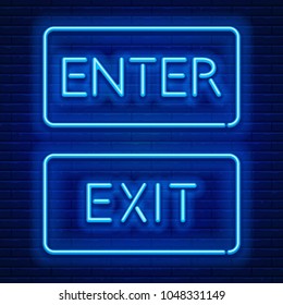 Blue Neon Light Glowing Sign Enter And Sign Exit Against A Brick Wall Background. Vector Illustration.