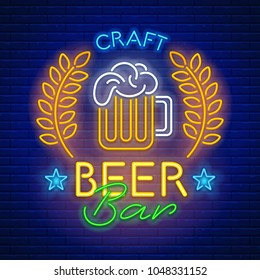 Blue neon light glowing sign Craft beer bar against a brick wall background. Vector illustration.