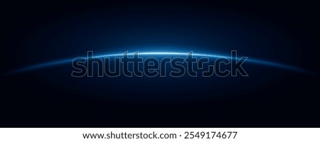 Blue neon light lines curve on dark background, abstract circle border laser design. Horizontal sun rays at edge world in space. Glowing flashes  stripes, Sparks moving speed lines.