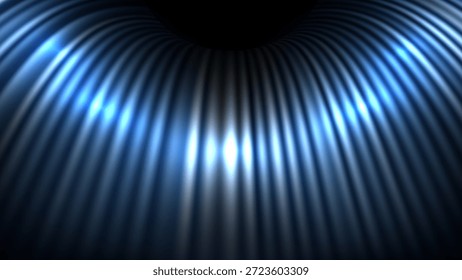 Luz de neón azul en la superficie curvada metálica 3D que crea una sensación de movimiento y profundidad con una textura industrial elegante, Fondo de pantalla de tecnología cibernética y un fondo de diseño corporativo moderno