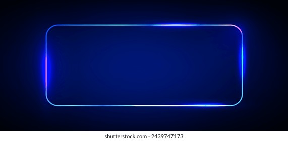 Fondo de resplandor de marco de luz de neón azul. Línea de borde led con efecto de brillo láser. Diseño de cartelera técnica rectangular abstracta. Señalización redonda moderna de la fiesta del club de música nocturna horizontal.