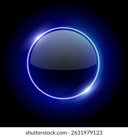 Blue neon light round frame with glowing glass surface. Futuristic illuminated button. Abstract vector illustration for UI design, sci-fi elements, modern tech interfaces.
