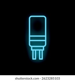 Blue neon light showing electronic cigarette cartridge on black background, vaping icon