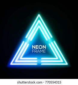 Blue neon light triangle. Gradient delta. Techno frame. Night club electric bright 3d sign. Banner design on dark blue backdrop. Neon abstract tech background with glow. Technology vector illustration