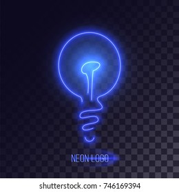 Blue neon lightbulb logo with decorative design. Realistic cyberpunk design.