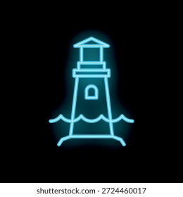 Faro de neón azul de pie en la orilla, que emite una luz brillante para la navegación y la seguridad en el mar