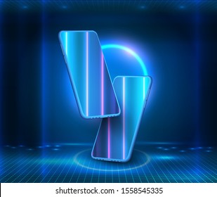 Blue neon lights, virtual reality, circles, energy source, glowing rings. Modern glass smartphone hanging over the table with a smooth dark blue surface in perspective view with reflection. Isometric