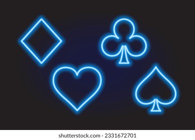 Blue Neon Line Card Suits for Poker and Casino on dark background vector illustration