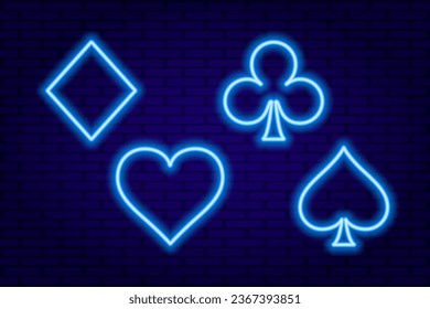 Blue Neon Line Card Anzüge für Poker und Casino auf dunkelblauem Hintergrund Vektorgrafik