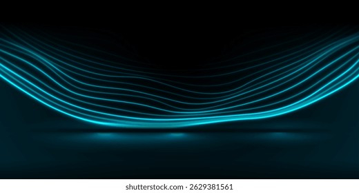 Blaue Neon lineare Wellen abstrakte Technologie Hintergrund. Abstrakter glänzender Retro-Hintergrund. Futuristisch leuchtendes Vektordesign
